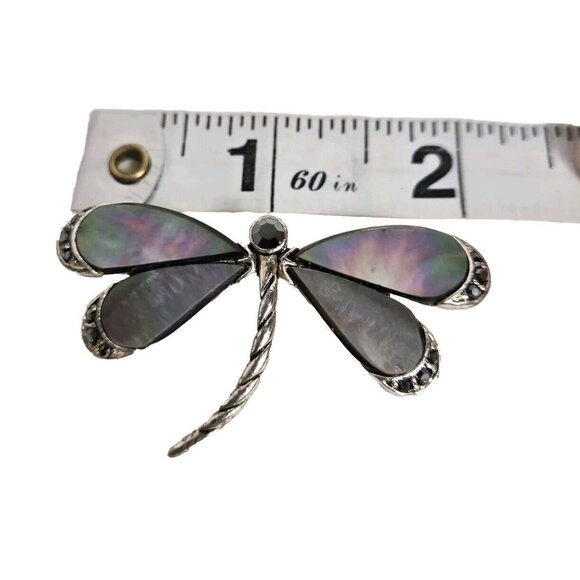 Vintage Monet Dragonfly Brooch Pin Silver Tone with Abalone Marcasite Rhinestone - Picture 6 of 7